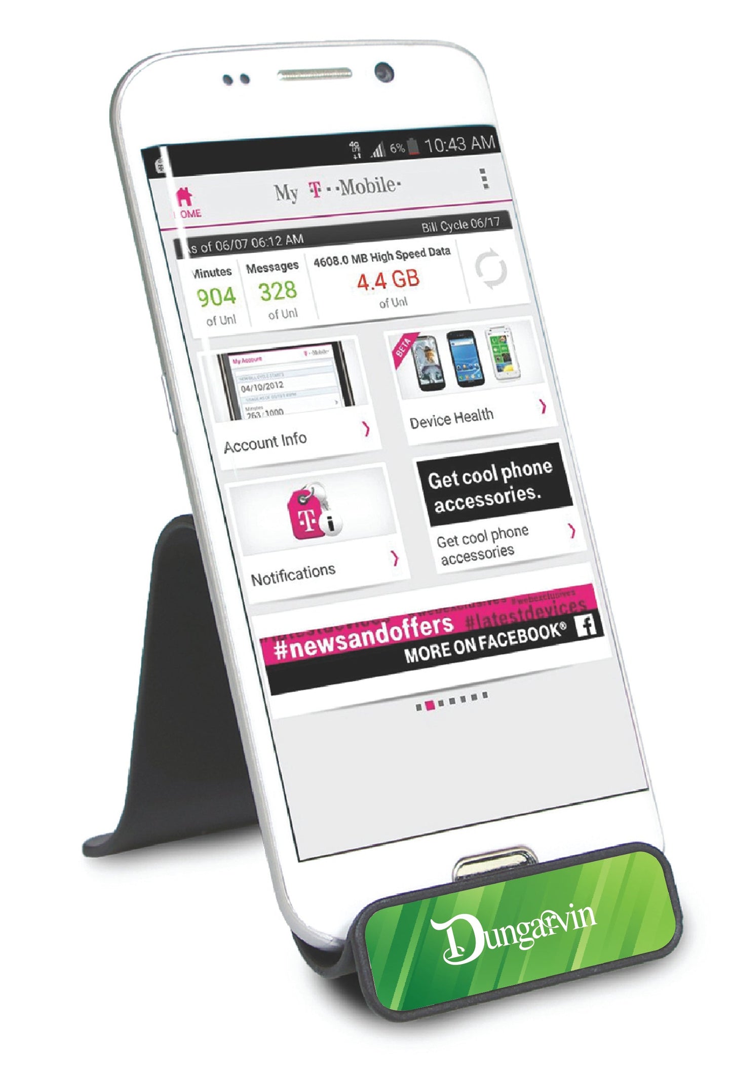 Phone stand with smartphone displaying a website, branded with Dangote Tin, on a white background.