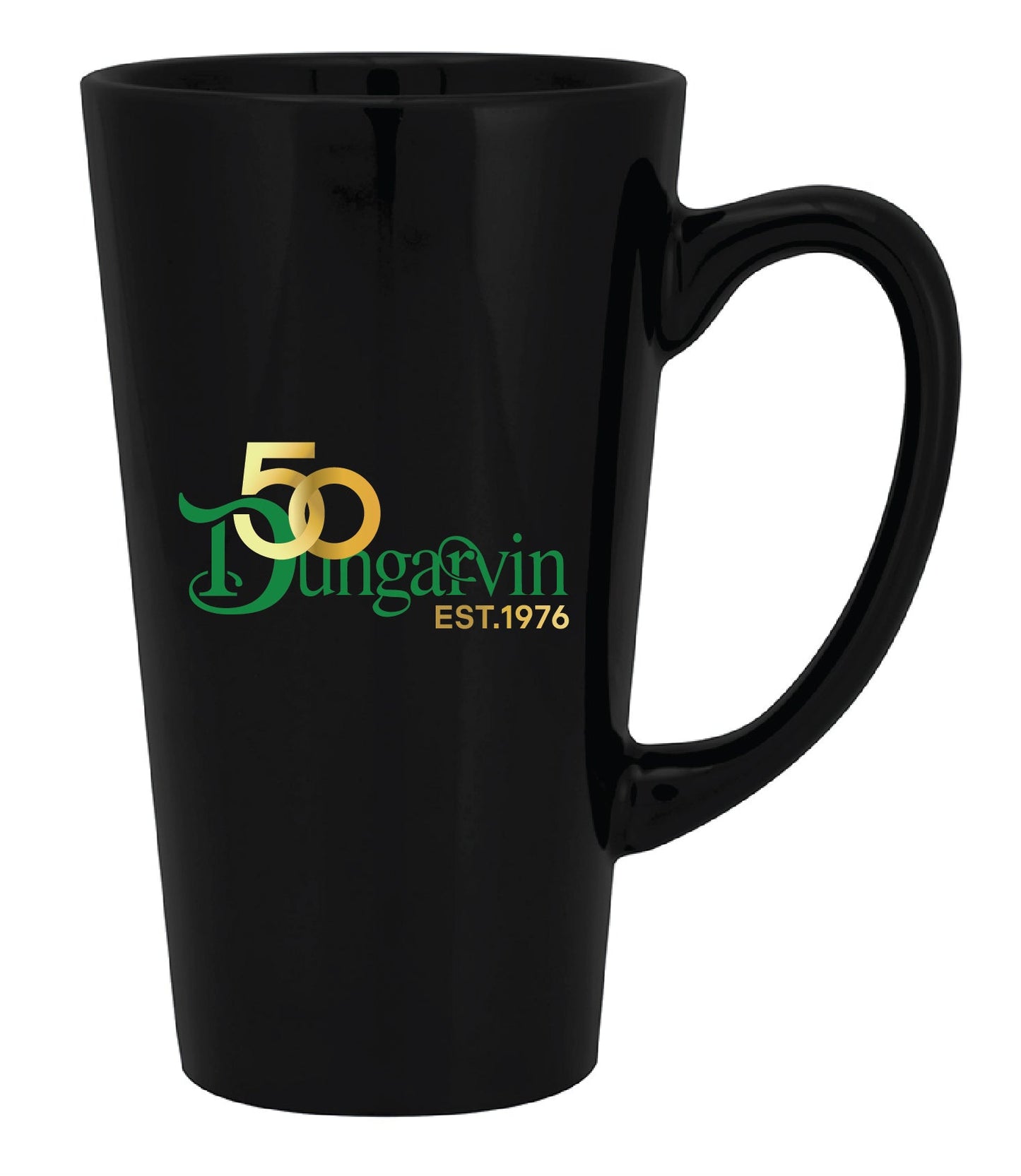 Black mug with 'Dungavin EST. 1976' logo and art proof label.