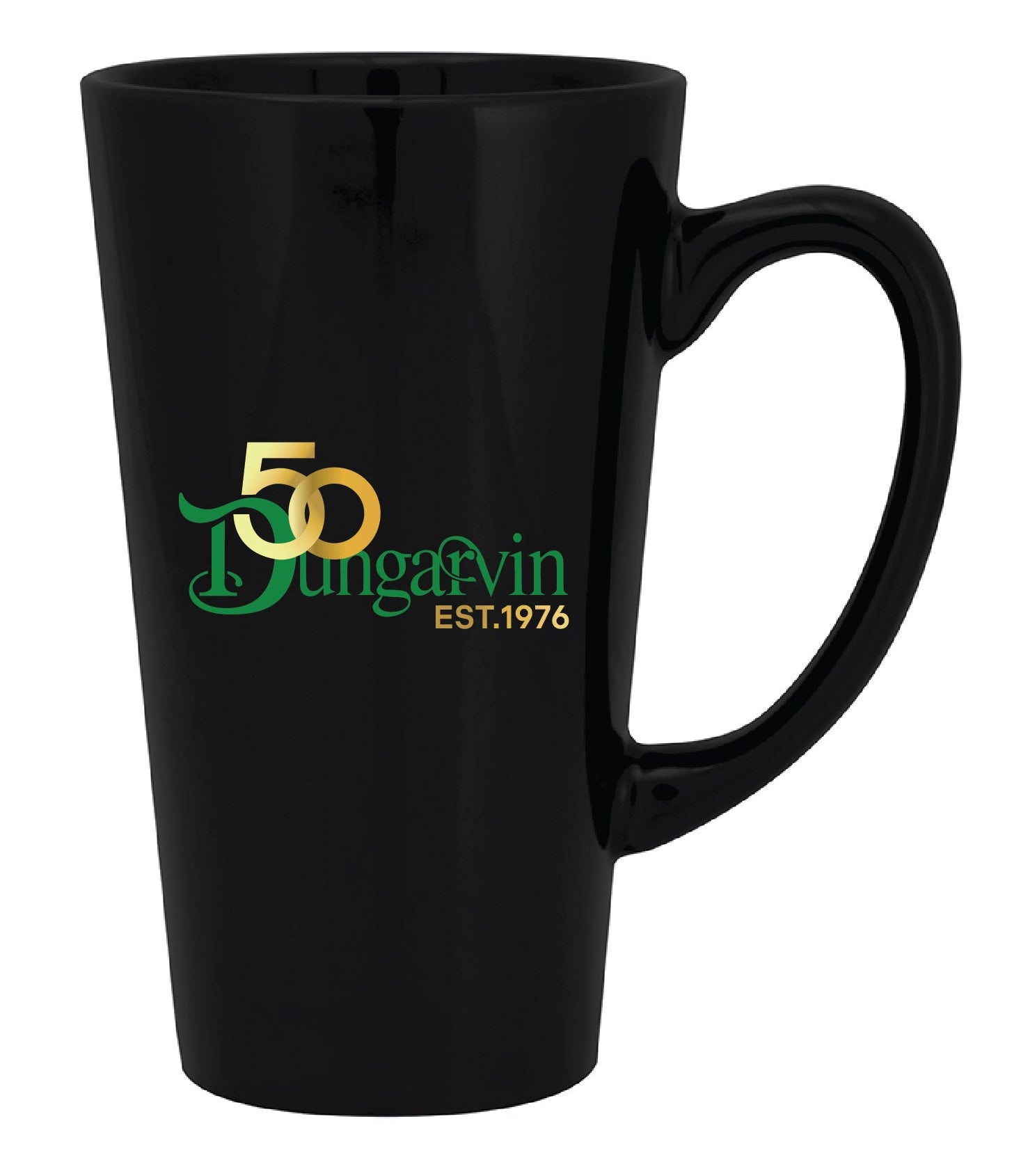 Black mug with 'Dungavin EST. 1976' logo and art proof label.