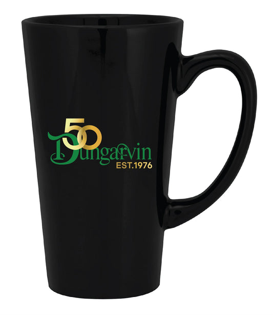 Black mug with 'Dungavin EST. 1976' logo and art proof label.