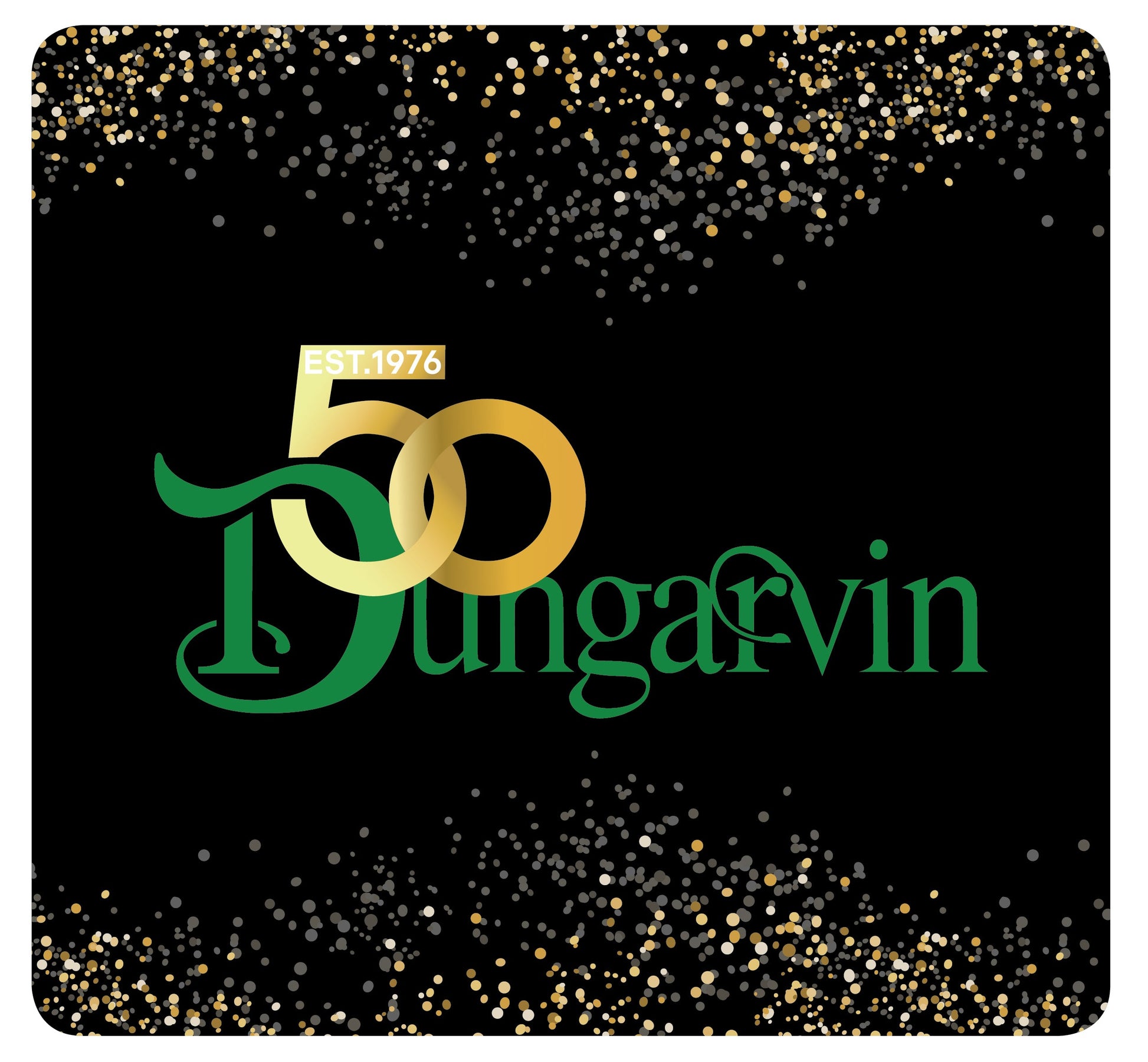 Mouse pad with 'Dungarvin' branding and celebratory design on a black background with gold accents.